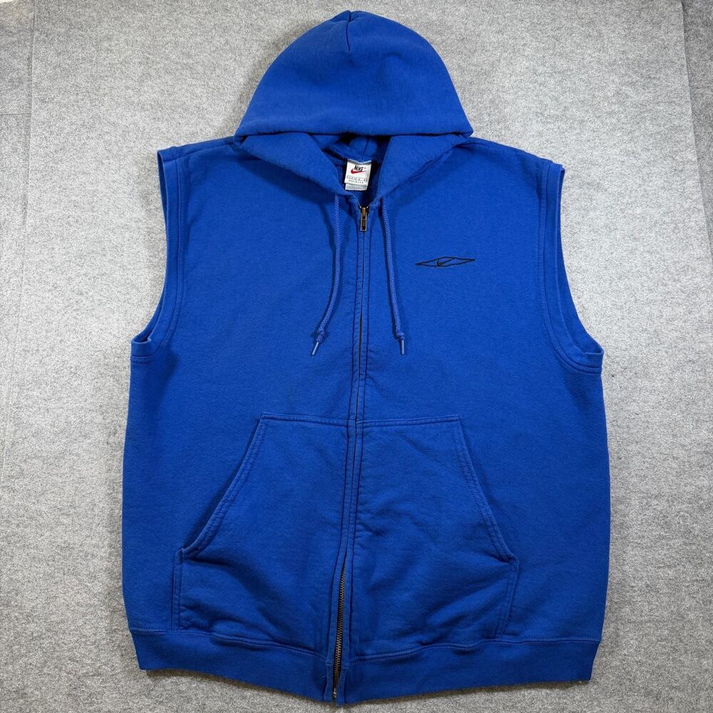 Vintage 90s Nike Sleeveless Zip Hoodie Mens L Blue Swoosh Made In USA Streetwear